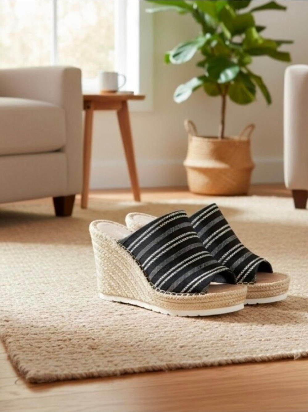 Toms Black and Cream Striped Espadrille Wedge Sandals - Women